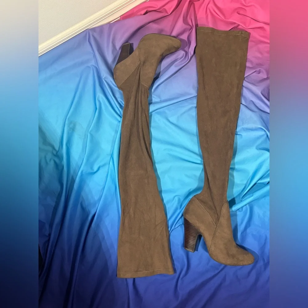 Well worn suede thigh high above knee boot heels MIA